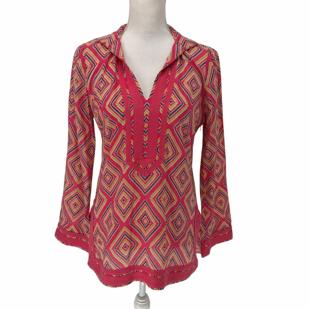 Tory Burch Pink Geometric Long Slleve V-neck Tunic Sz 4
